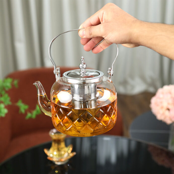 ابريق زجاج أنيق وفاخر بيد استيل ــ شفاف فضي ــ 1200 مل 56غ