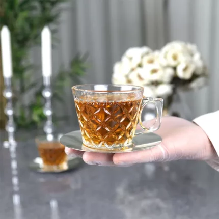 Elegant And Luxurious Glass Cup Set With Stainless Steel Saucers - Clear And Silver - 9x9x8 cm
