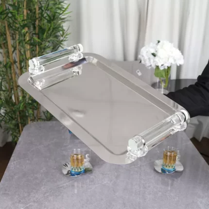 Elegant and luxurious stainless steel serving tray with acrylic handles - 48x33cm - silver